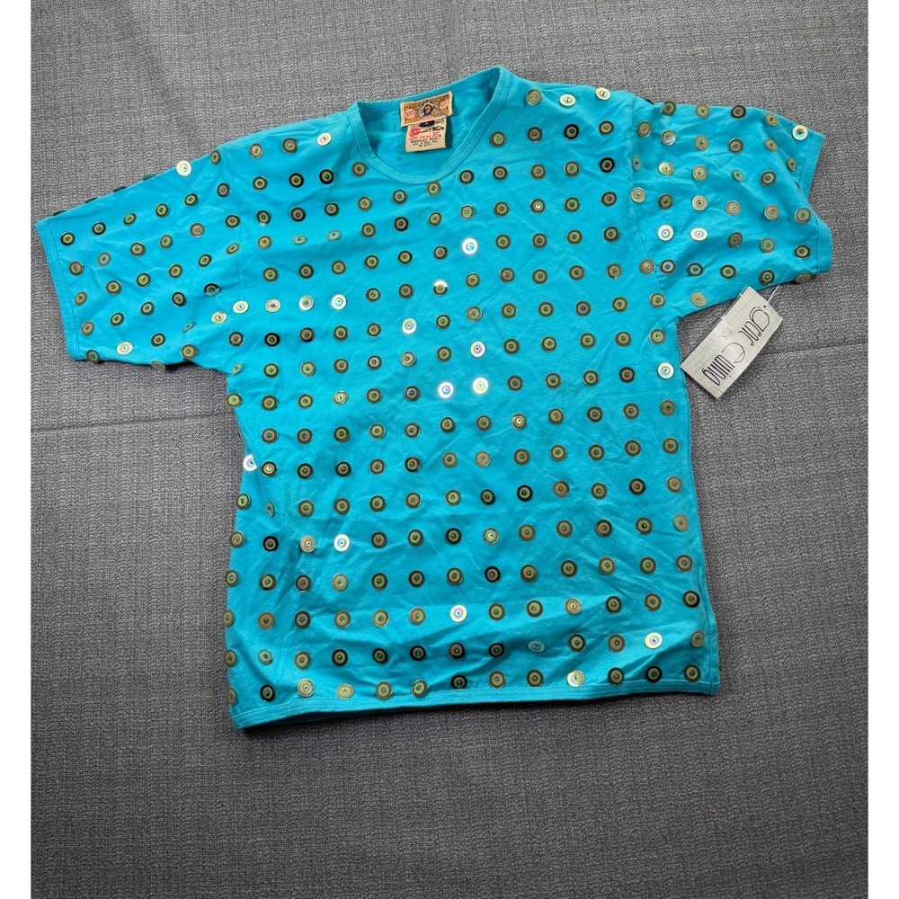 Vintage Gene Ewing BIS T Shirt Womens Small Teal‎ Sequin Beaded Wrinkled Rich